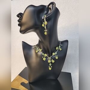 Silver & Green Crystal Necklace Earrings Set Women Costume Jewelry Gift
